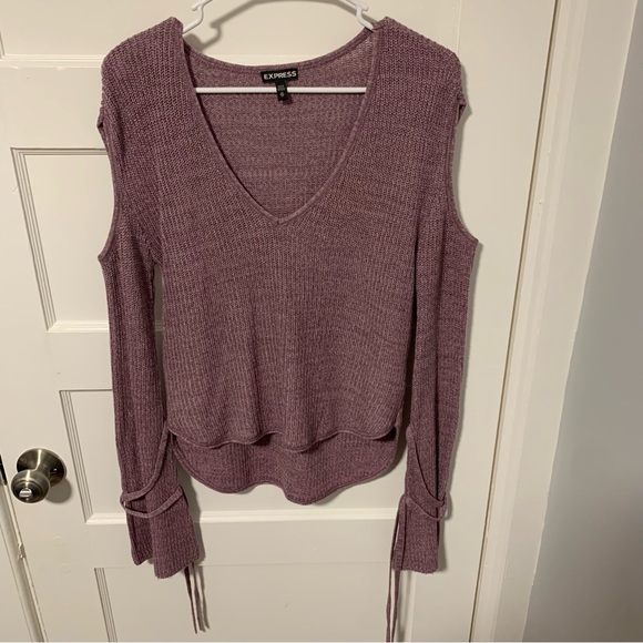 Express Cold Shoulder V-neck Bell Sleeve Sweater, Size XS, Color Purple - Picture 6 of 14